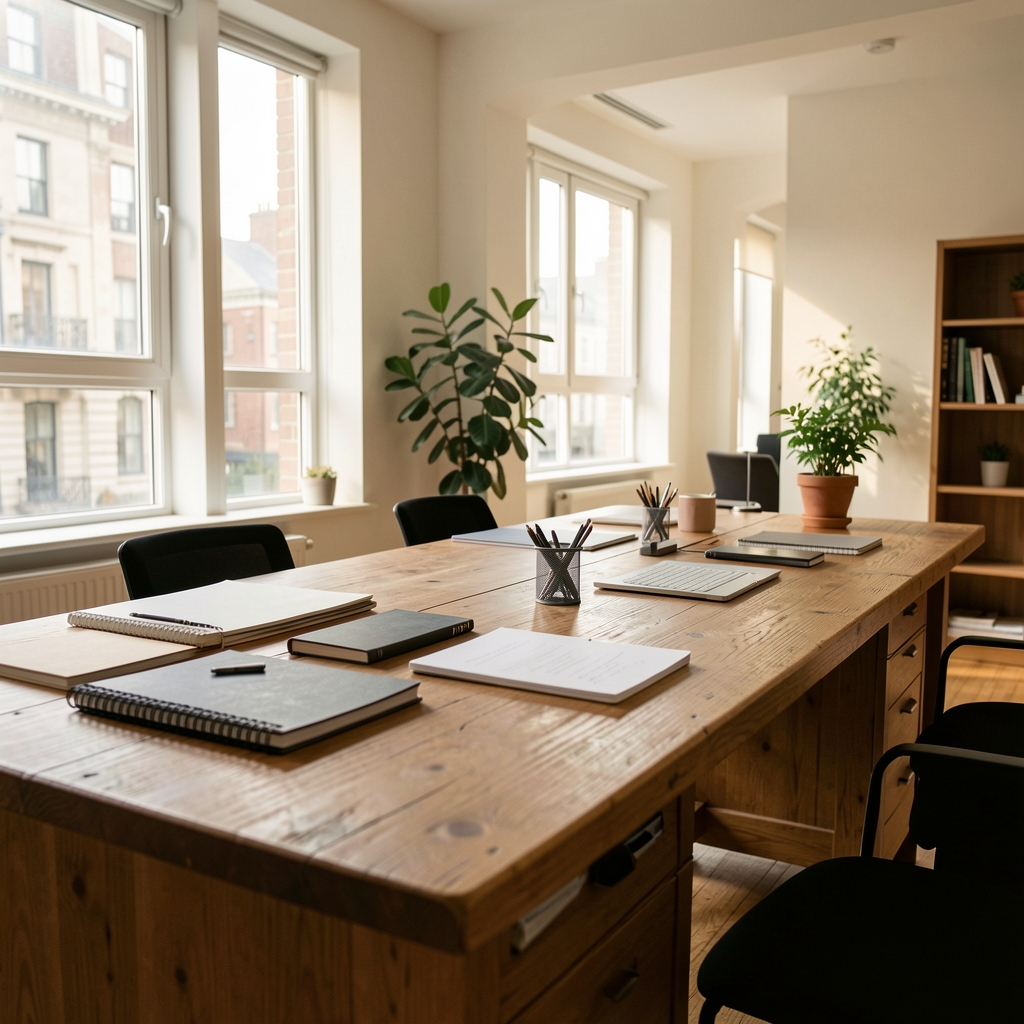 A well-lit editorial office interior with a long wooden desk, notebooks, and morning light filtering through large windows