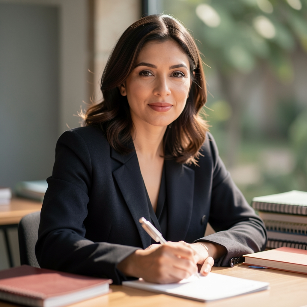 Editorial portrait of a woman seated at a writing desk with natural side lighting, wearing a dark jacket, notebooks visible in background