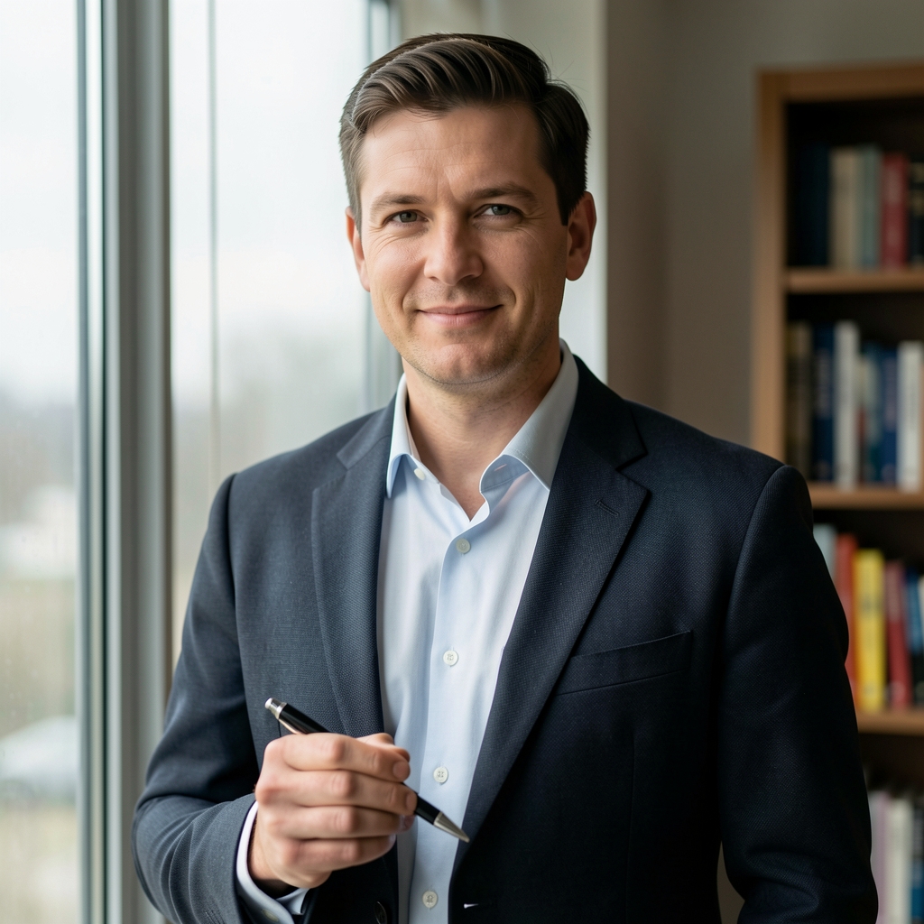 Editorial portrait of a man standing near a window with overcast natural light behind him, holding a pen, bookshelf partially visible on the right