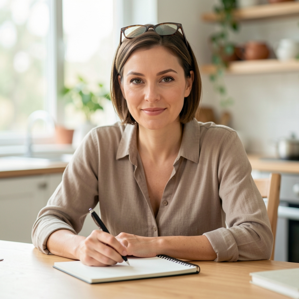 Editorial portrait of a woman with reading glasses pushed up on her head, seated at a light-filled kitchen table with a notepad open, pen in hand