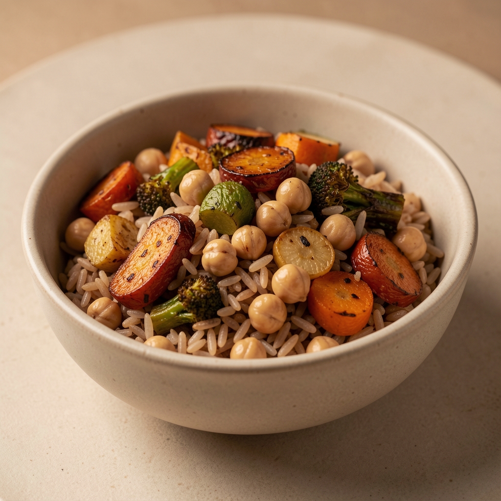 Close-up of a whole grain bowl filled with brown rice, roasted vegetables and chickpeas, photographed on a matte ceramic surface under warm studio lighting