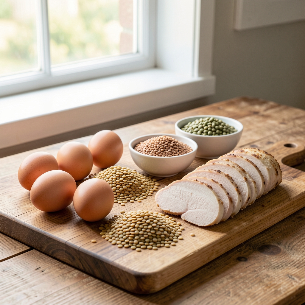 A spread of protein-rich whole foods including eggs, lentils, and sliced chicken on a wooden chopping board under bright natural window light