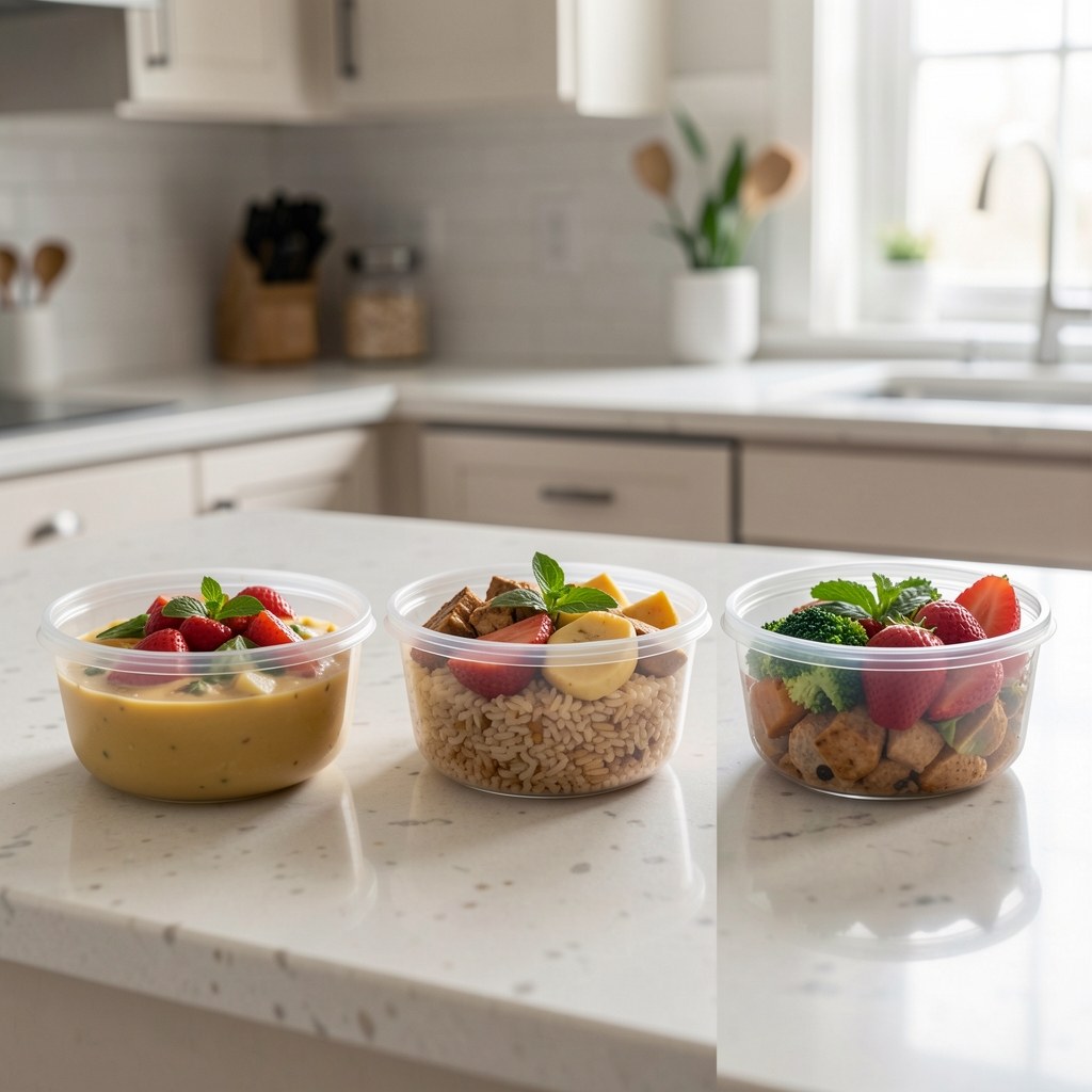 Three separate meal containers arranged on a kitchen counter showing a morning protein portion, a midday portion, and an evening portion — photographed in clean natural light