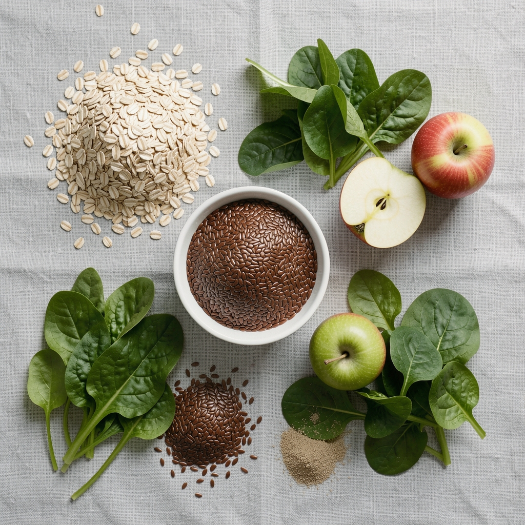 A flat-lay arrangement of fibre-rich foods including oats, flaxseeds, apples and leafy greens on a pale grey linen surface in diffused daylight