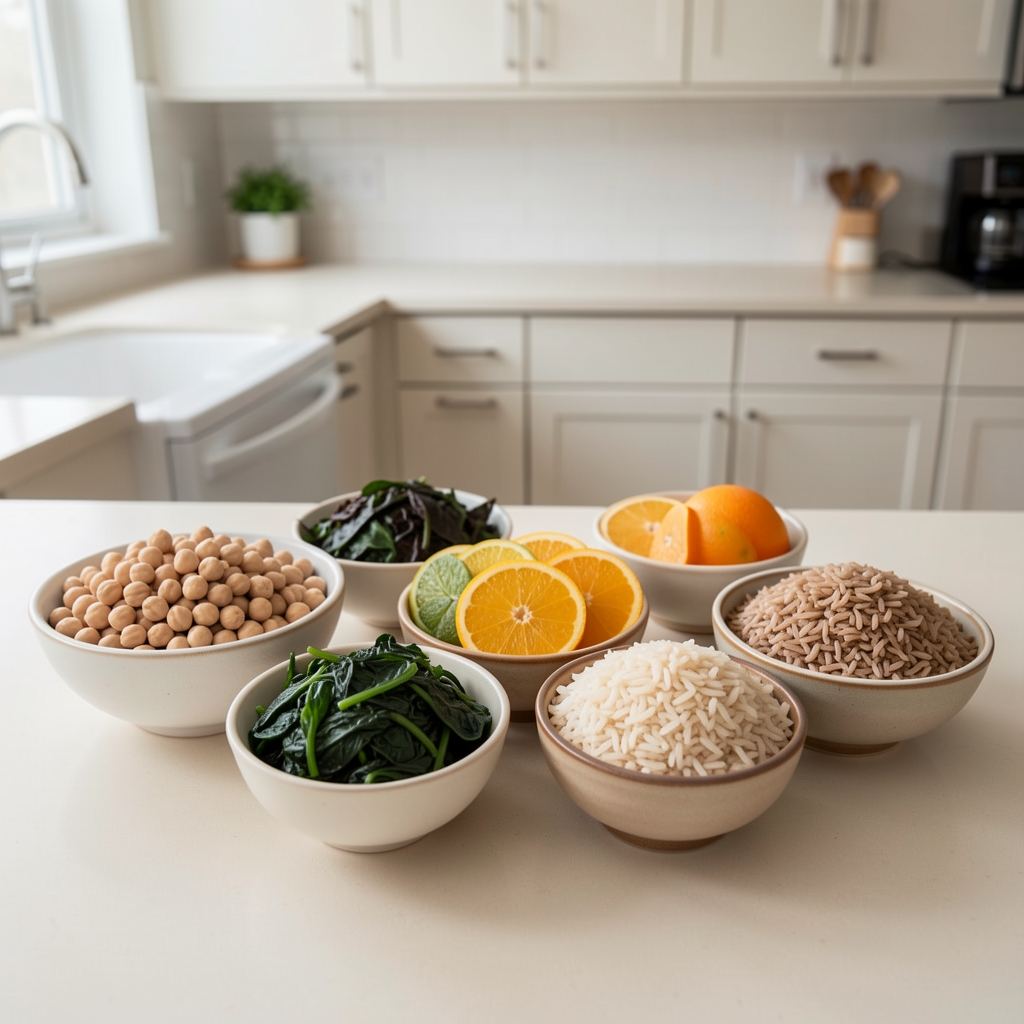 A colourful assembly of whole plant foods on a pale kitchen counter — chickpeas, dark leafy greens, sliced citrus, and brown rice in individual ceramic bowls under clean overhead lighting