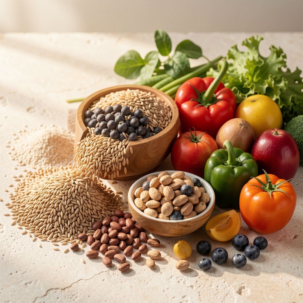 Carefully arranged whole foods on a light stone surface — grains, legumes, and seasonal vegetables photographed in natural morning light