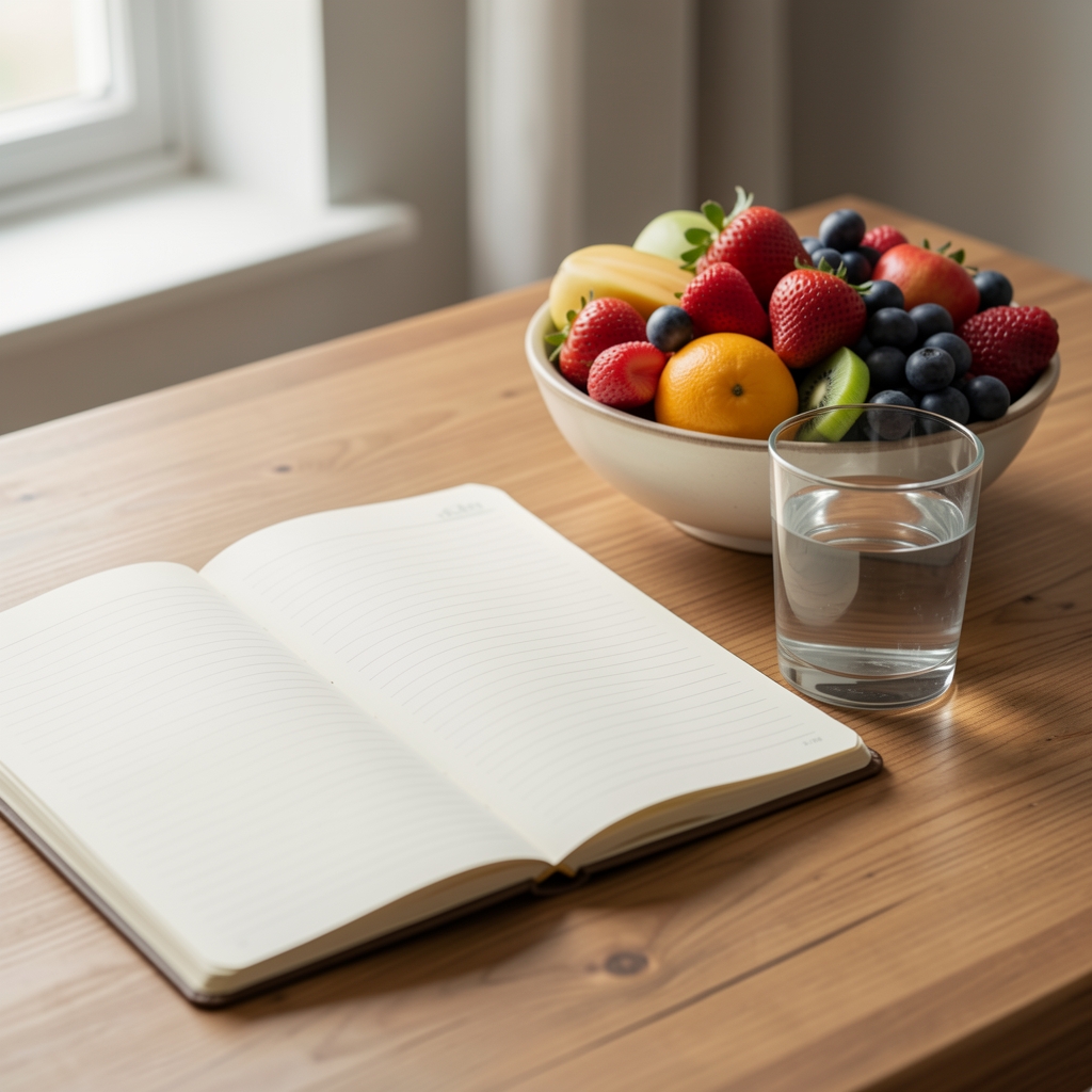 Open notebook and a glass of water on a wooden desk beside a bowl of fresh seasonal fruit in soft natural light
